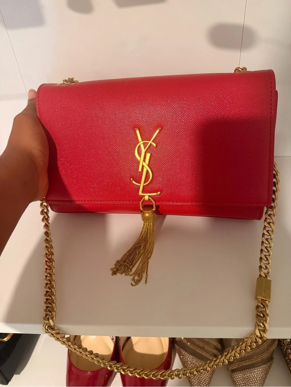 Saint Laurent Red Leather Tassel Chain Shoulder Bag with Gold Hardware - Picture 7 of 7
